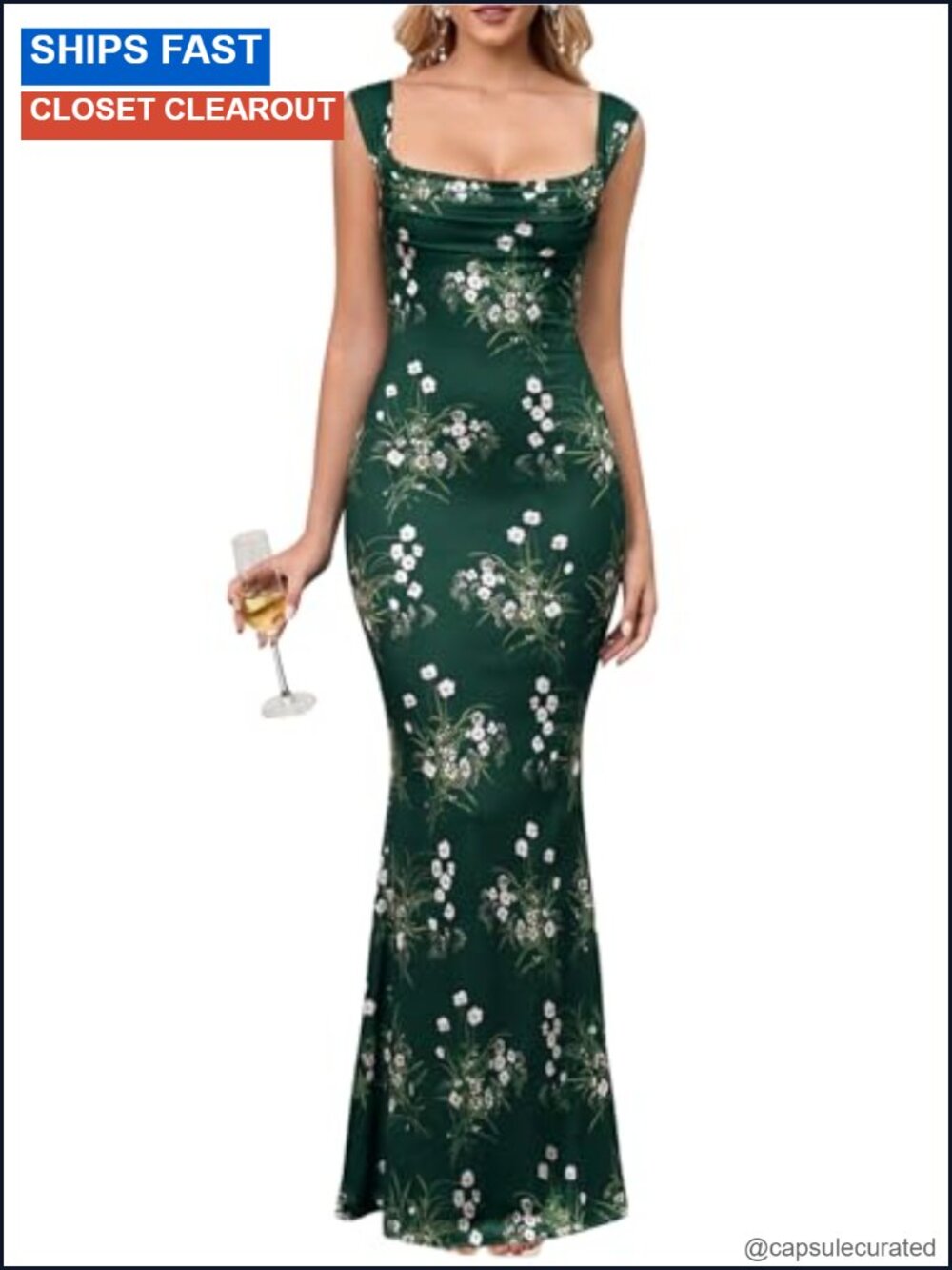 Women's Floral Bodycon Maxi Dress Cowl Neck Mermaid Hem Wedding Guest